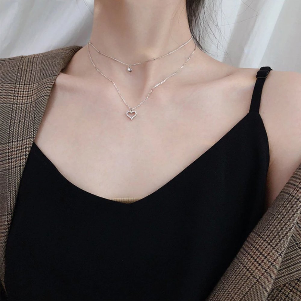 925 Sterling Silver Double Layer Heart Necklace Choker-NEW - Picture 12 of 16